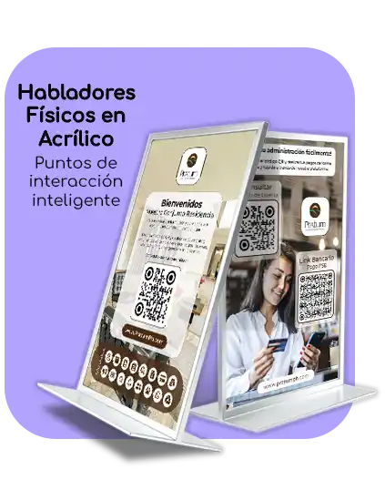 Habladores físicos en acrílico con códigos QR para interacción inteligente en conjuntos residenciales.