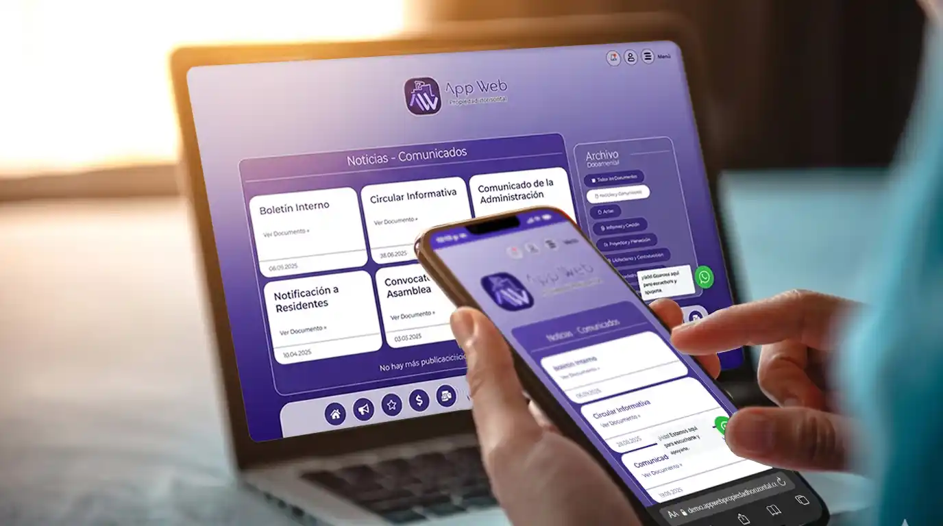 Interfaz digital del módulo de noticias y comunicados para propiedad horizontal, visualizando la gestión centralizada de avisos de administración y seguridad en laptops y smartphones.