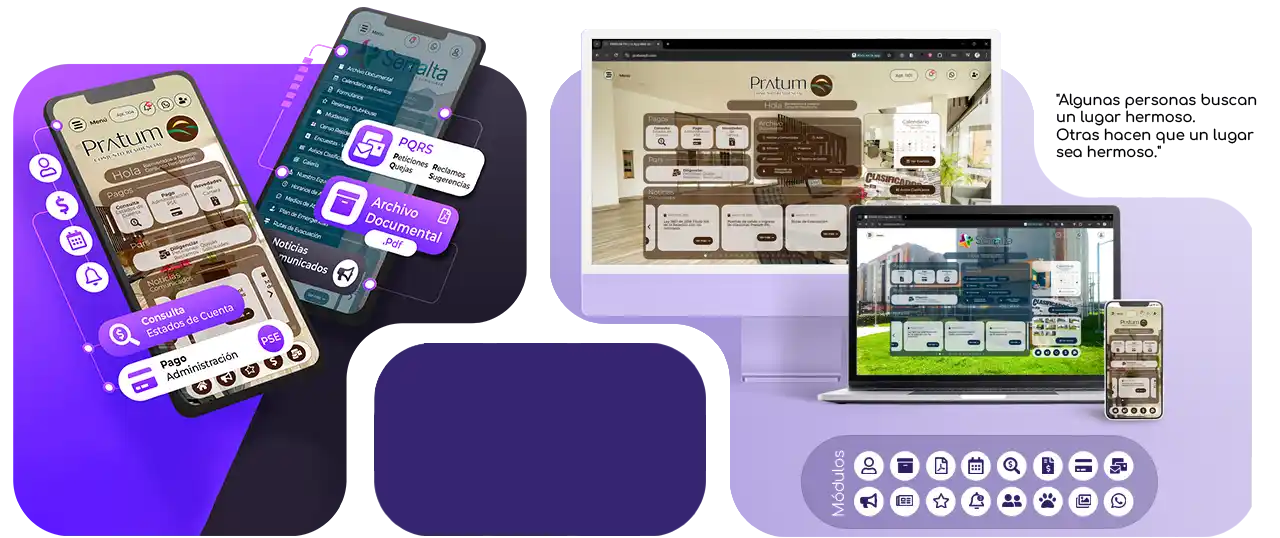 Interfaz de la Plataforma App Web Propiedad Horizontal en dispositivos móviles y escritorio para la administración de conjuntos residenciales